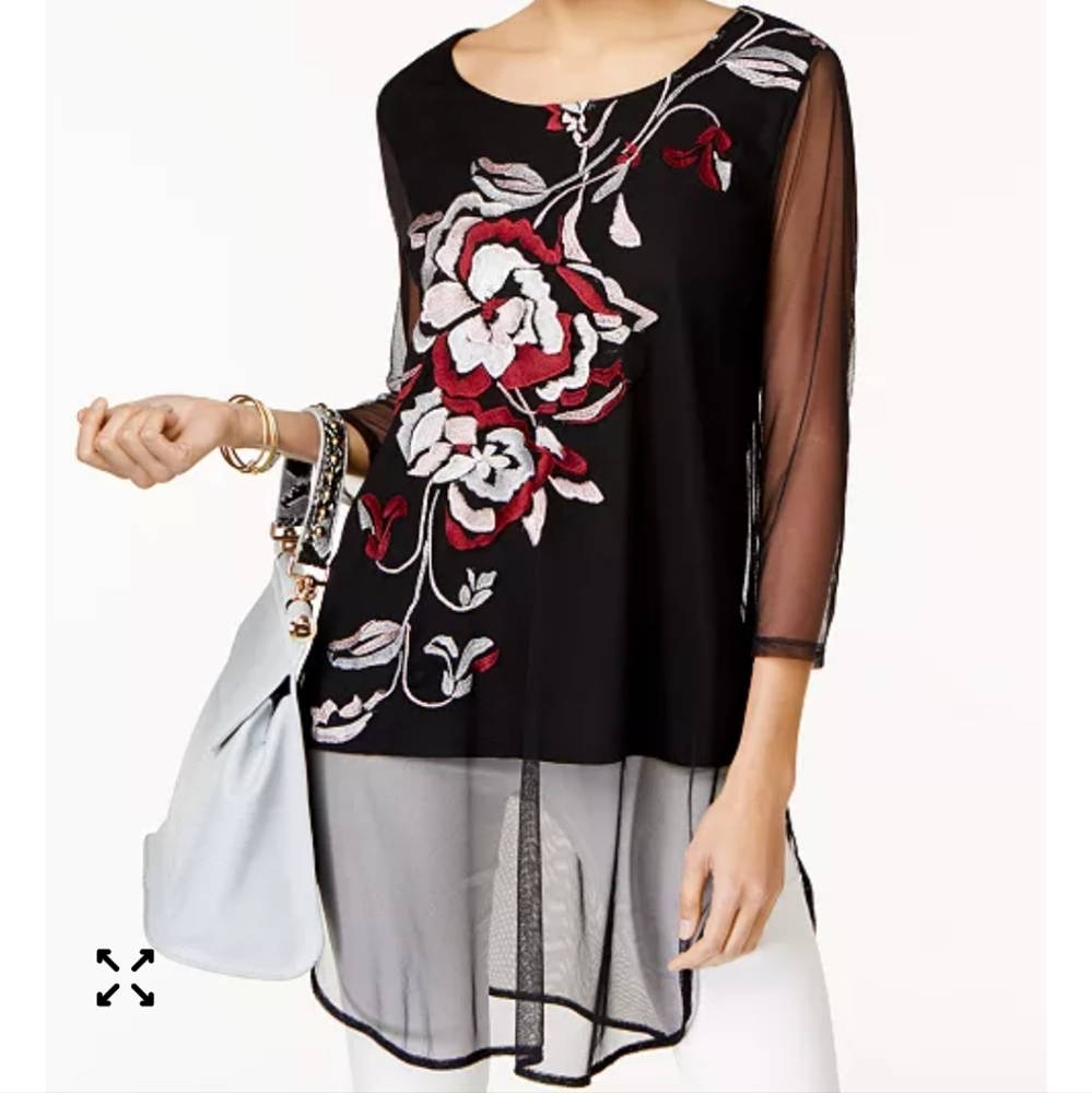 Alfani Women Fairy Floral Embroidered Tunic Black Scoop Neckline 2X Boho Artsy